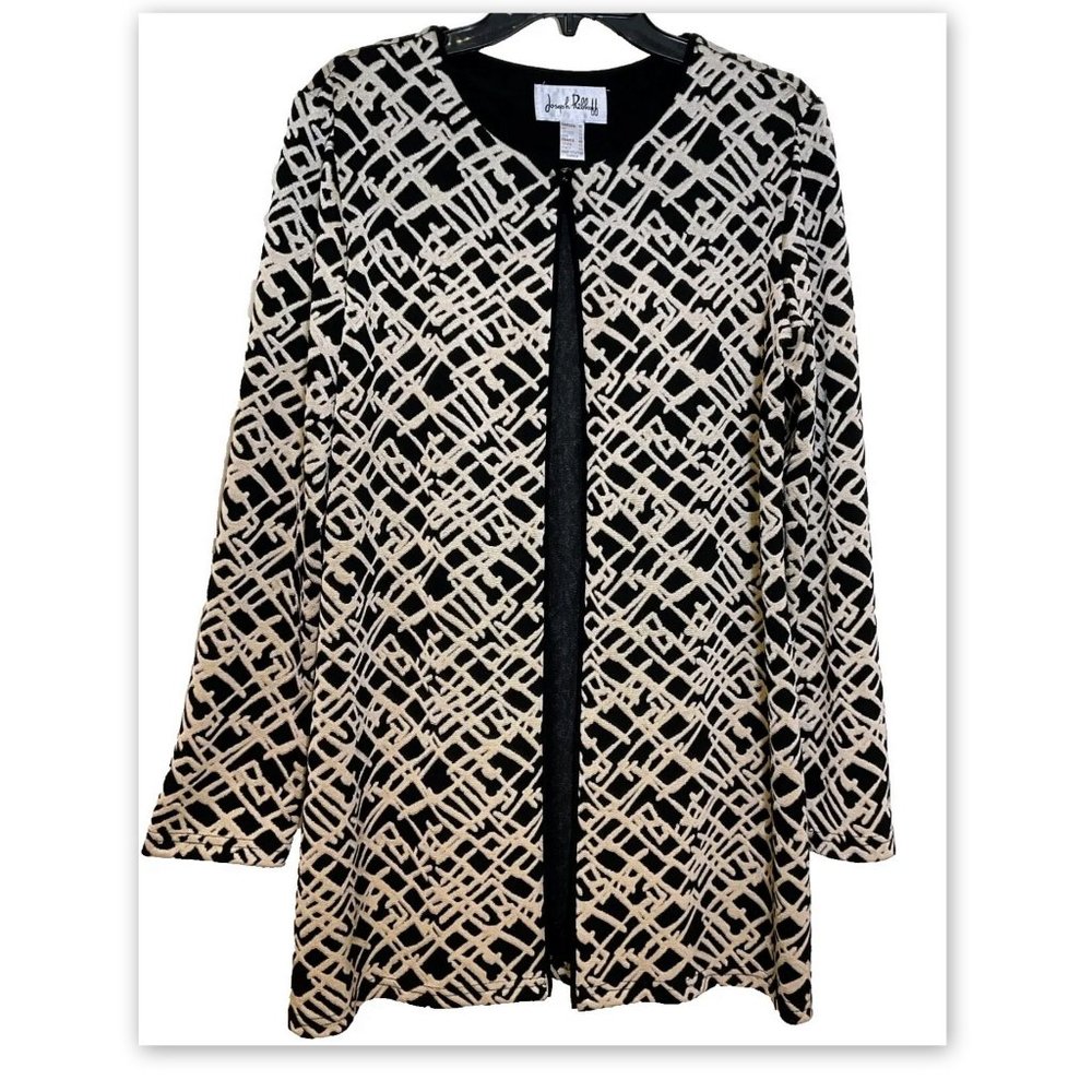 JOSEPH RIBKOFF Womens Size 10 Black Beige Abstract Stretch Open Front Jacket
